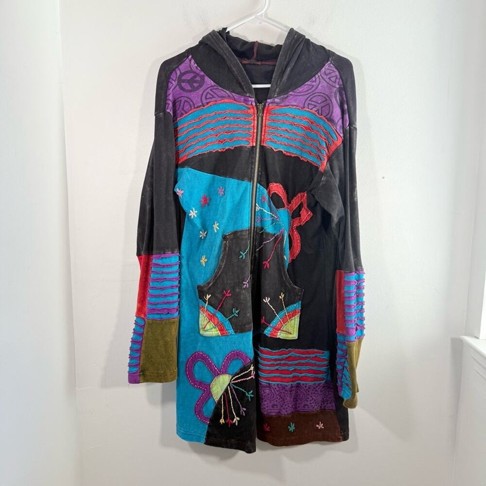Rising International Nepal Longline Hoodie Jacket Boho Hippie Floral Peace Large